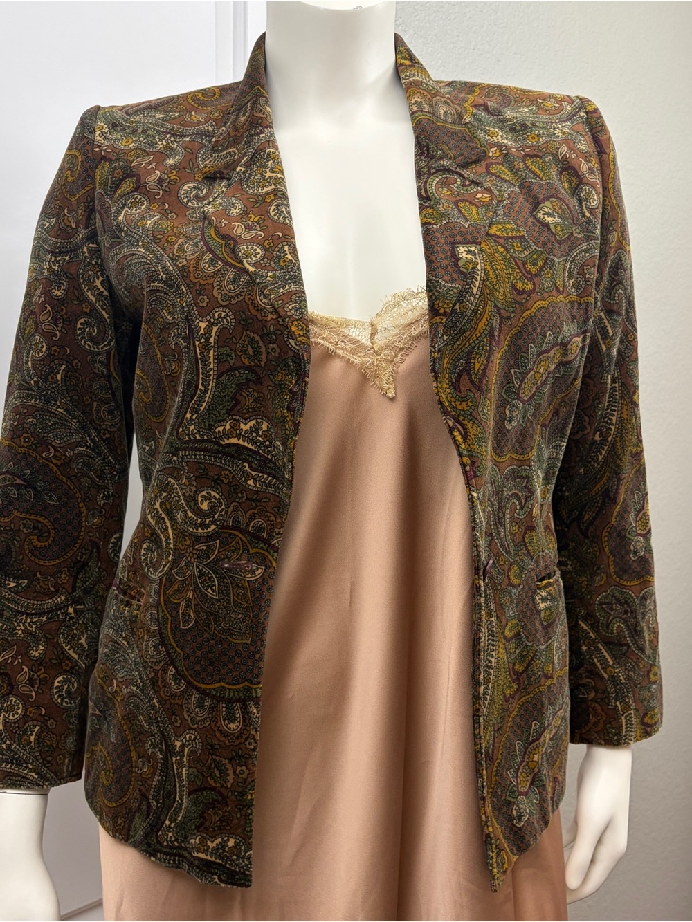 MARELLA Brown Velvet Paisley Open-Front Blazer - Size 12